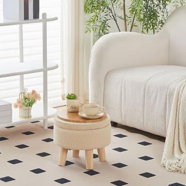 Wimarsbon Storage Ottoman, Modern Round Footrest with Soft Padded Seat, Teddy Velvet Footstool with Wood Legs, Accent Small Table or Plant Stand for Hallway, Living Room (Off-White) - Image 2