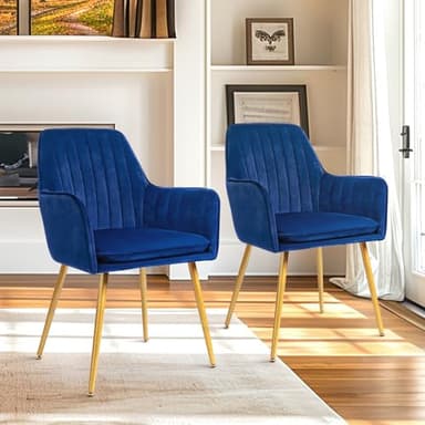 CangLong Furniture Modern Living Dining Room Accent Arm Chairs Club Guest with Gold Metal Legs, Set of 2, Navy Blue - Image 2