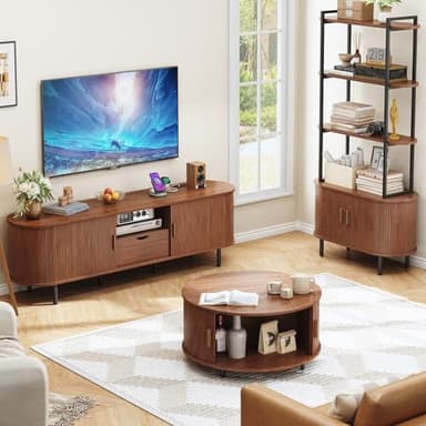 ONBRILL 69" TV Stand with Power Outlet for TVs up to 80", Entertainment Center with Storage and Drawer, TV Console with Adjustable Shelves and Sliding Door, TV Stand for Living Room, Bedroom, Walnut - Image 7