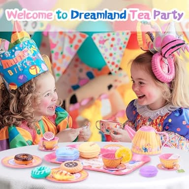 61Pcs Tea Party Set for Little Girls, Dreamland World Tea Set Toys Including Dessert, Cake Stand & Carrying Case, Kids Kitchen Pretend Play for 3 4 5 6 Year Old Girl Birthday Gifts - Image 3