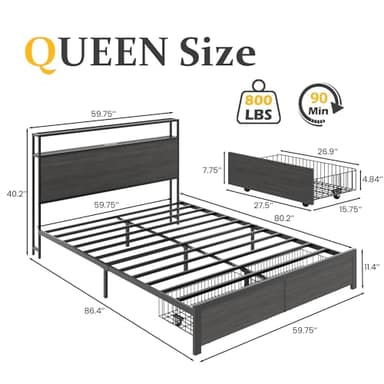 Lifezone Queen Bed Frame with 2-Tier Storage Headboard, Metal Bed Frame with Storage Drawers & Built-in Charging Station & LED, Noise-Free, No Box Spring Needed, Easy Assembly, Rustic Grey - Image 2