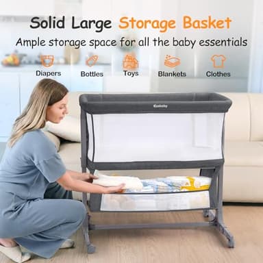 Ezebaby Bedside Bassinet for Baby, Portable Baby Bassinet Bedside Sleeper for Newborn Infants with Wheels Storage Basket, Adjustable 7 Heights and All Mesh Sides - Image 4