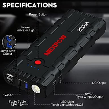 NEXPOW 2000A Battery Jumper Starter Portable, 12V Car Jump Starter, Auto Battery Booster, Lithium Jump Box with LED Light/USB Quick Charge 3.0 - Image 6