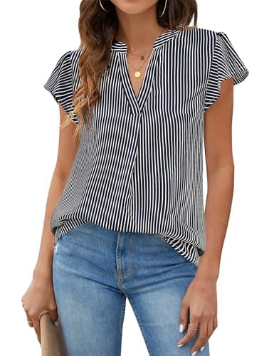 Blooming Jelly Womens White Blouse V Neck Ruffle Sleeve Flowy Shirts Dressy Casual Cute Summer Tops - Image 1