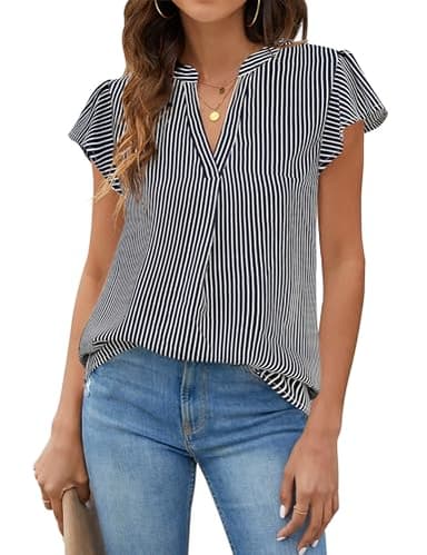 Blooming Jelly Womens White Blouse V Neck Ruffle Sleeve Flowy Shirts Dressy Casual Cute Summer Tops - Image 1