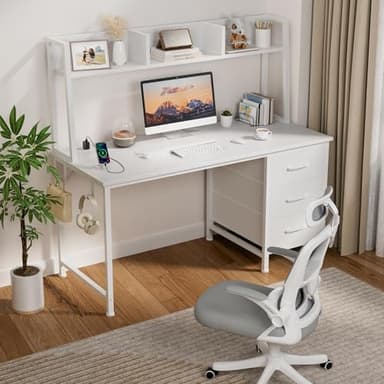 White Computer Desk with Hutch & Drawers - Office Desk with 3 Storage Drawers and Power Outlets, 47 Inch Modern Study Writing Desk for Bedroom Home Office - Image 2