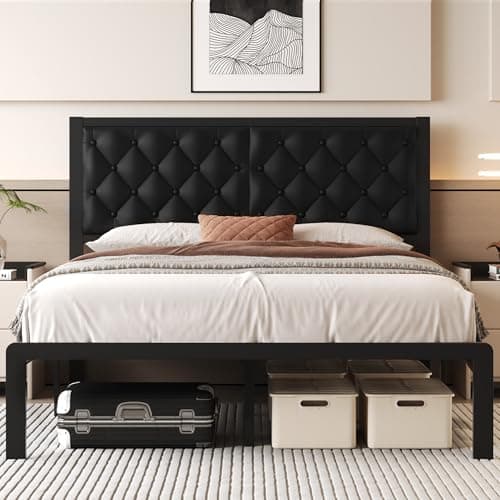 Fluest Queen Bed Frame with Headboard PU Leather Upholstered Bed Frame Platform,All Metal Slats Support Platform Bed Frame with Storage Space,Easy Assembly,Noise Free,No Box Spring Needed,Black - Image 1