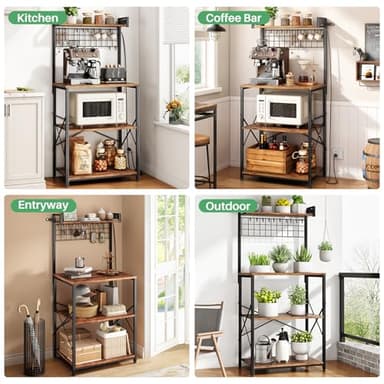 SNTD Bakers Rack with Power Outlet, Kitchen Shelves Microwave Stand with Wire Grid and 10 Hooks, 4 Tiers Coffee Stand (Rustic Brown, 23.5 x 15.6 x 52.8 Inches) - Image 8