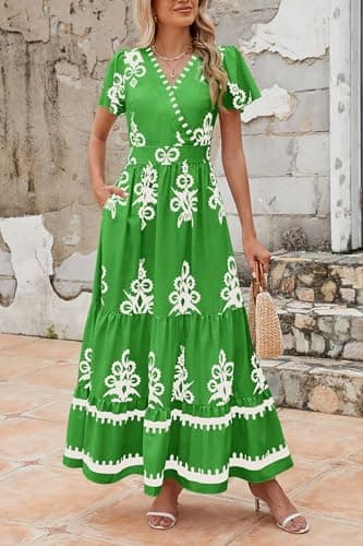 PRETTYGARDEN Womens 2025 Summer Casual V Neck Boho Maxi Dress Flowy Aline Bell Sleeve Tiered Floral Dresses with Pocket (Floral Green White,Small) - Image 3