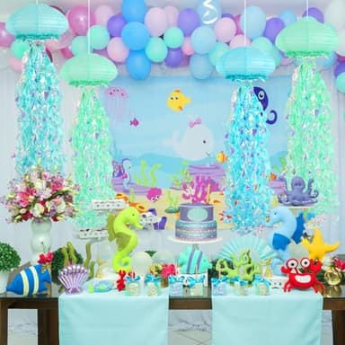 Jellyfish Paper Lanterns, under the sea party decorations, Light Blue Green Cyan Hanging Jelly Fish Lantern for Kids Birthday Decors Ocean Themed party Baby Shower Room Decorations - Image 2