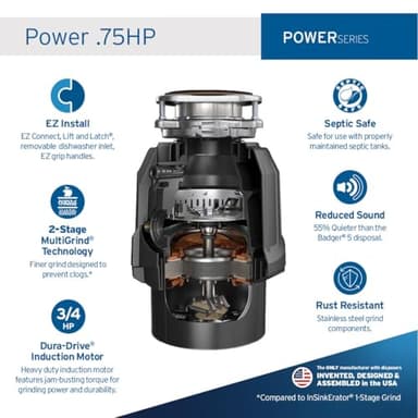 InSinkErator Power .75HP, 3/4 HP Garbage Disposal, Power Series EZ Connect Continuous Feed Food Waste Disposer, Black - Image 2