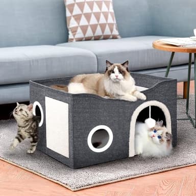 Heeyoo Cat House for Indoor Cats - Large Cat Bed Cave with Fluffy Ball and Scratch Pad, Foldable Cats Houses & Condos, Cat Hideaway, Covered Kitty Bed for Multi Small Large Kitty, 23.8x15.9x13.2 Inch - Image 5