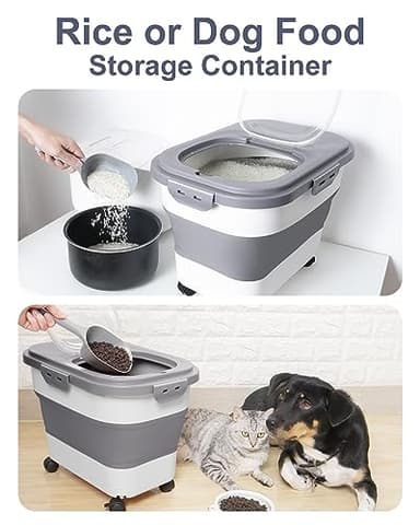DDMOMMY 20-30 Lbs Rice Storage Container,Collapsible Food Storage Containers with Rolling Wheel Airtight Locking Lid,Flour Storage Container with Cup and Scoop,Suitable for Food,Rice,Pet Food,Flour - Image 6