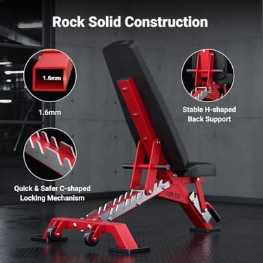 YOLEO Commercial Adjustable Weight Bench - MAX 2300/660LB Heavy Duty Workout Bench for Home Gym, Decline/Flat/Incline Bench Press 2.4" Thick Pad(6-Step Assembly) (Red) - Image 3
