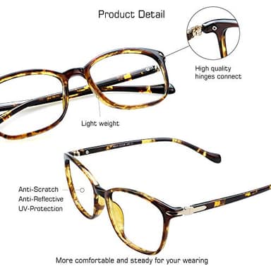 VisionGlobal Blue Light Blocking Glasses for Women/Men, Anti Eyestrain, Computer Reading, TV Glasses, Stylish Square Frame, Anti Glare(Tortoise,+2.25 Magnification) - Image 2