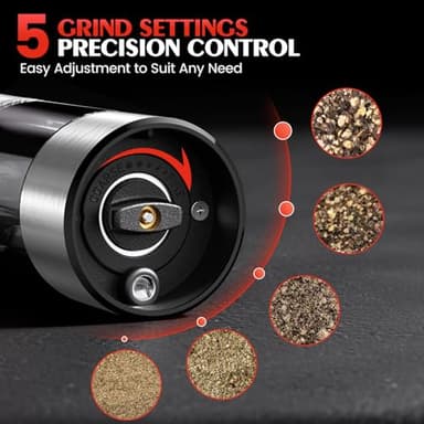 Stainless Steel Electric Salt and Pepper Grinder Set-One-Touch Battery Operated Mill with Adjustable Coarseness & LED Light, Sleek & Durable Grinder for Kitchen New Home Gift Ideas (2 Pack) - Image 2