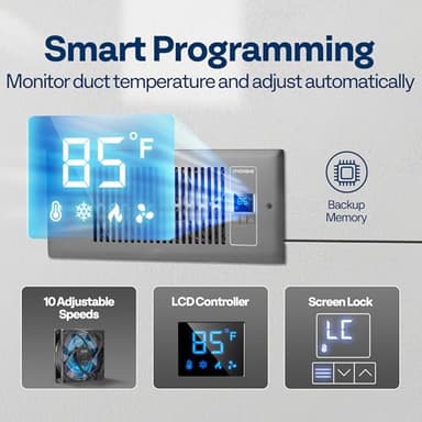 VIVOHOME Quiet Register Booster Fan with Opening 4" × 12" with Intelligent Thermostat 10-Speed Control, 13.8" x 5.5" Vent Cover, Smart Register Vent for Room Floor Wall, Gray - Image 4