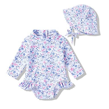 Infant Baby Girl Swimsuit One-Piece Long Sleeve Rash Guard with Hat Set Floral Zipper Bathing Suit Leopard Beach Wear (3-6 Months, Flower#2) - Image 1