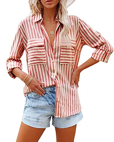OMSJ Women's Striped Button Down Shirts Casual Long Sleeve Stylish V Neck Blouses Tops with Pockets (X-Large, Red) - Image 1