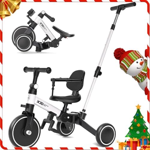 XJD Toddler Bike, 6 in 1 Folding Toddler Tricycle for 1-4 Year Old with Parental Control Handle, Balance Bike with Removable Pedal, Backrest, Adjustable Seat and Handle, First Birthday Gifts (White) - Image 1