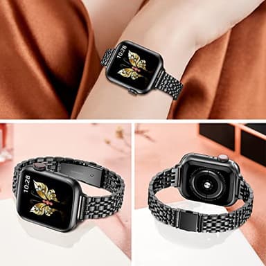 MioHHR Slim Metal Band Compatible with Apple Watch Band 42mm(Series 11 10) 41mm(Series 9 8 7) 40mm(Series 6 5 4 SE3/2/1) 38mm(Series 3 2 1),Stainless Steel iWatch Bands for Women,Black - Image 2