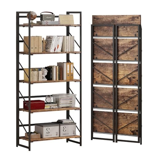 JSB No Assembly Folding Bookshelf, 5 Tier Industrial Metal Book Shelf for Storage, Vintage Wood Foldable Bookcase for Living Room, Bedroom, Office Organization Shelves - Image 1