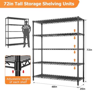 Storage Shelves Heavy Duty, 48" L x 20" W x 72" H Garage Wire Shelving Unit Loads 2000LBS, 5-Tier Adjustable Metal Industrial Utility Shelf Rack for Kitchen, Laundry Room, Pantry, Warehouse, Basement - Image 2