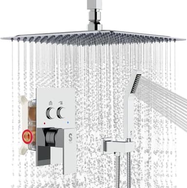SR SUN RISE Shower System with Push Button Diverter, Ceiling Mounted Luxury 10 Inch Rain Shower Head with Handheld Spray, High Pressure Shower Faucet Combo Set with Rough-in Valve, Polished Chrome - Image 1