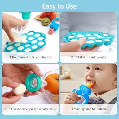 Tohecu Silicone Baby Food Teether Feeder with Breastmilk Popsicle Molds Combo, BPA Free Fruit Food Feeder Pacifier, Teething Popsicle for Baby 4m+, 3 Sizes Food Pouches Included - Image 3