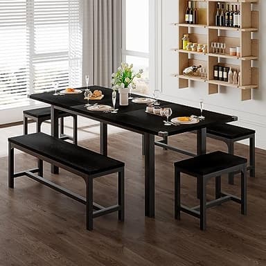 Feonase 5-Piece Dining Table Set for 4-8 People, 63" Large Extendable Kitchen Table Set with 2 Benches and 2 Square Stools, Dining Room Table with MDF Wood Board, Easy Assembly, Black - Image 1