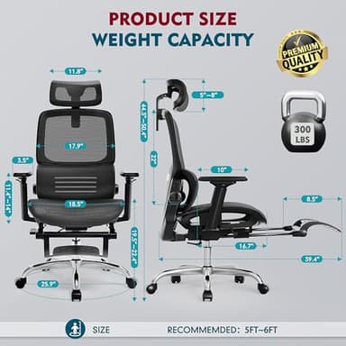 MOLENTS Ergonomic Office Chair, High Back Desk Chairs with Retractable Footrest, Breathable Mesh, Adjustable Headrest, 3D Armrests, Lumbar Support, Tilt Function, Comfy Swivel Computer Gaming Chair - Image 3