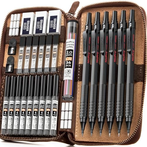Nicpro 30PCS Black Metal Mechanical Pencil Set in Leather Case, Art Drafting Pencil 0.5, 0.7, 0.9 mm, 2mm Lead Pencil Holders for Sketching Drawing With 16 Tube (6B 4B 2B HB 2H 4H Colors)Lead Refills - Image 1