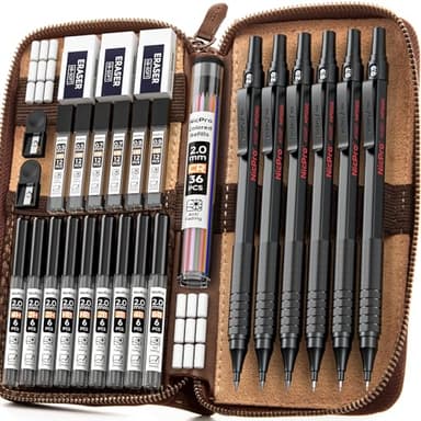 Nicpro 30PCS Black Metal Mechanical Pencil Set in Leather Case, Art Drafting Pencil 0.5, 0.7, 0.9 mm, 2mm Lead Pencil Holders for Sketching Drawing With 16 Tube (6B 4B 2B HB 2H 4H Colors)Lead Refills - Image 1
