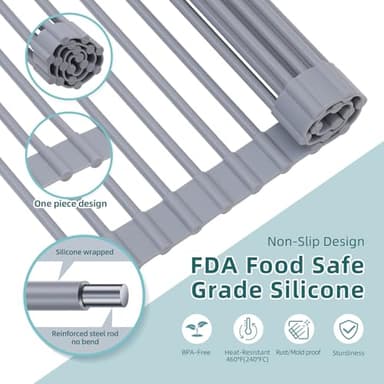 Ohuhu Sink Drying Rack, 20.5" W x 16.1" L Over The Sink Roll-Up Dish Drainer - Rolling Foldable Sink Accessories Heat-Resistant Mat Anti-Slip Silicone Coated Multipurpose for Kitchen Counter - Image 4