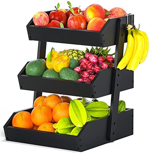 Gmtsl Bamboo Fruit Basket for Kitchen – 3 Tier Fruit Bowl For Kitchen Counter, Large Fruit Holder With 2 Banana Hangers, Idea For Fruit and Vegetable Storage, Bread Basket, Snack Organizer(BLACK) - Image 1