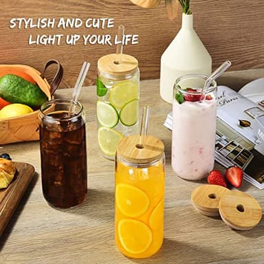 20 Oz Drinking Glasses with Bamboo Lids and Glass Straw - 6 Pcs Glass Cups Beer Ice Coffee Glasses Cute Aesthetic Cup Great for Coffee Bar Accessories Include 2 Cleaning Brushes - Image 3