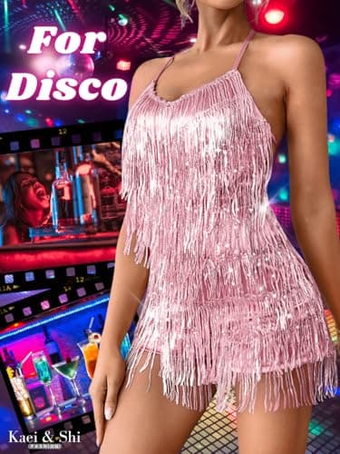 Kaei&Shi Sequin Fringe Romper,Sparkly Glitter Metallic Jumpsuits For Women,Backless Shorts Dress Disco Birthday Dance Outfit,Rose Gold,Small - Image 6