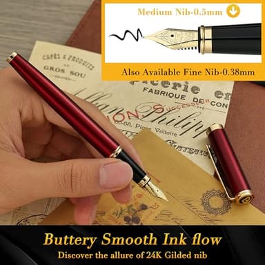 BEILUNER Red Fountain Pen,Stunning Luxury Pens with 24K Gold Finish, Gorgeous 24K Gilded Nib(Medium), Fancy Pen Gift for Men&Women -Ink Converter-Elegant,Professional,Office,Nice Pen for Writing - Image 4
