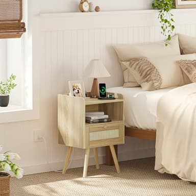 SUPERJARE Nightstands Set of 2, Night Stands with Charging Station & PE Rattan Decor Drawer, Bed Side Tables with Solid Wood Feet, End Table, for Bedroom, Living Room - Natural - Image 2