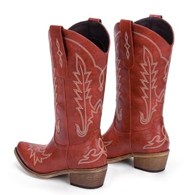 Rivalran Red Cowboy Boots for Women - Cowgirl Boots with Embroidery, Chunky Heel Pointed Toe Pull-on Vintage Western Mid Calf Fashion Boots for Ladies US Size 7 - Image 4