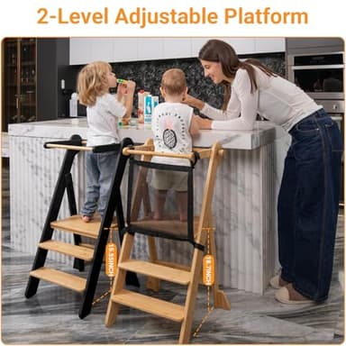 COSYLAND Foldable Toddler Standing Tower - Adjustable Height Folding Step Stool Kid Toddler Kitchen Stool Helper for Learning and Cooking - Ages 18 Months to 6 Years with safety Net Natural & Charcoal - Image 3