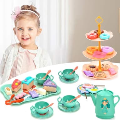 Lajeje Princess Tea Party Set for Little Girls - Pretend Plastic Teapot Set, Princess Tea Time Play Kitchen Toy with Cups, Plates, and Carrying Case - Birthday Gifts for Kids Toddlers Age 3 4 5 6 - Image 9