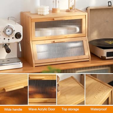 GHWIE Double Layer Bamboo Bread Box for Kitchen Counter,Large Capacity Bread Storage Bin,Bread Container with Acrylic Wavy Door Panel (Natural, Medium) - Image 7