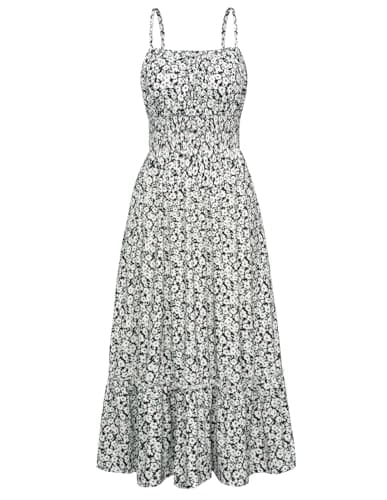 Women Dresses Boho Maxi Dress Spaghetti Strap Sleeveless Tiered A Line Ruffle Hem Long Dress with Pockets Black White Floral S - Image 1