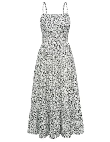 Women Dresses Boho Maxi Dress Spaghetti Strap Sleeveless Tiered A Line Ruffle Hem Long Dress with Pockets Black White Floral S - Image 1