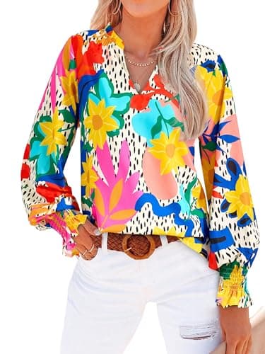 MASCOMODA Womens V Neck Floral Long Sleeve Tops 2025 Summer Casual Loose Puff Sleeve Chiffon Boho Work Blouse Dressy T Shirts(Multicolored Flower,X-Large) - Image 1