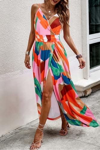 Newshows Womens Dresses Summer 2025 Plus Size Spaghetti Strap Resort Wear Backless Casual Beach Hawaiian Split Long Maxi Dress(Pink Floral Blue, M) - Image 2