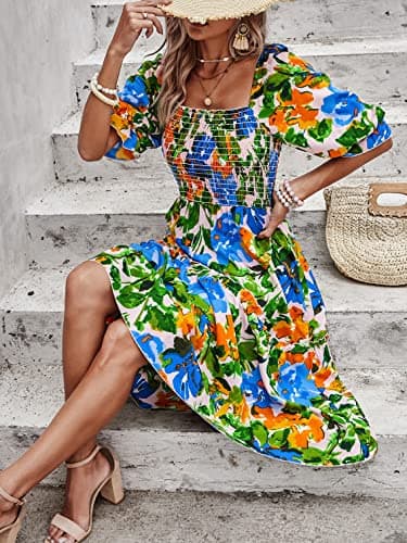 PRETTYGARDEN Women's Summer Casual Midi Dress 2025 Spring Puff Sleeve Square Neck A-line Flowy Boho Floral Smocked Dresses - Image 6