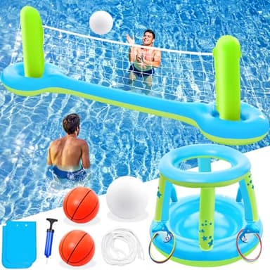 Jasonwell Pool Toys Games Set - 3 in 1 Pool Volleyball Net Basketball Hoop Ring Toss Game Inflatable Floats Water Floating Volleyball Swimming Pools Party Game Accessories Toy Gift Kids Teens Adults - Image 1