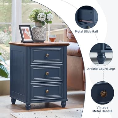 RWYHG 18" Farmhouse Night Stand Set of 2, Blue Wood Nightstand with 3 Drawers, Bedside End Table with Storage and Roman Column, Bed Side Tables Cabinet for Bedroom, Living Room, and Closet - Image 9